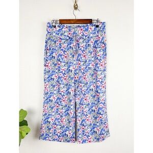 Land N’ Sea Linen Blend Blue Floral Cropped Wide Leg Pants Sz M